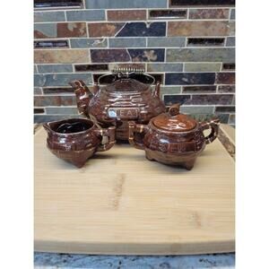 Vintage Teapot Sugar Creamer Set, Wire Handle, Brown Gold Trim, Japan Red Ware